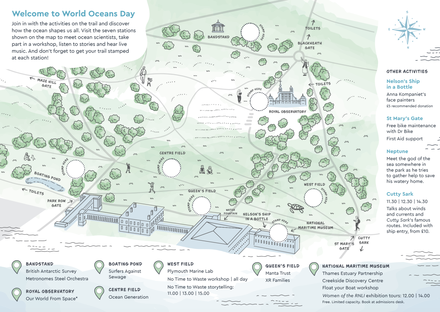 A map of Royal Museums Greenwich and Greenwich Park showing the stand locations for World Oceans Day